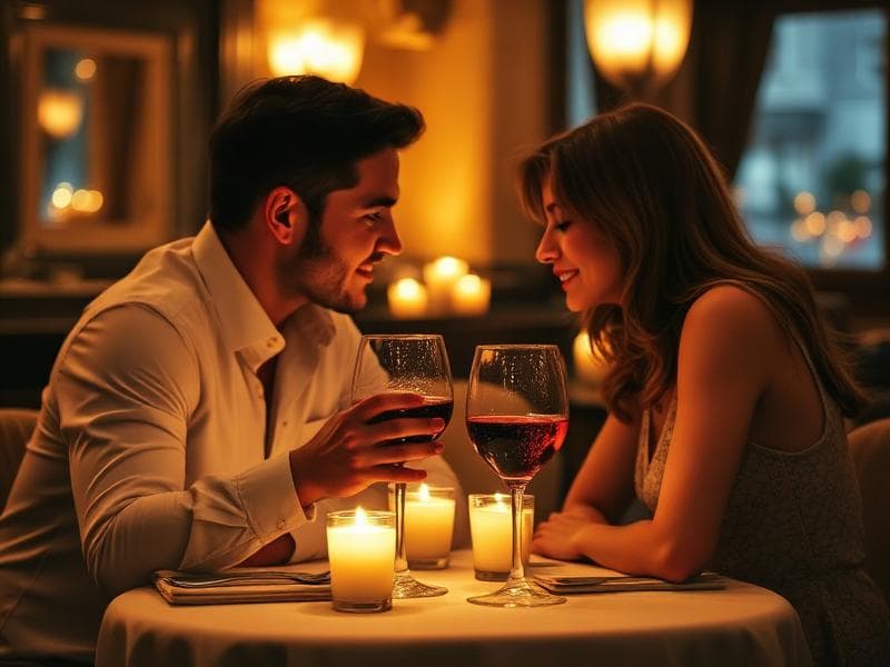 Two people at a small candlelit restaurant table leaning in over glasses of wine