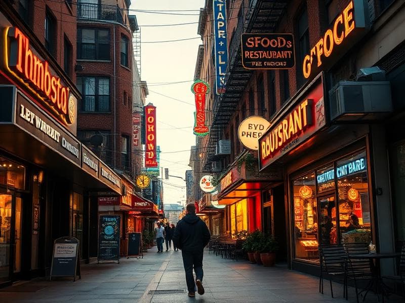Someone walking down a Toronto street with diverse restaurant storefronts, neon signs, and patios